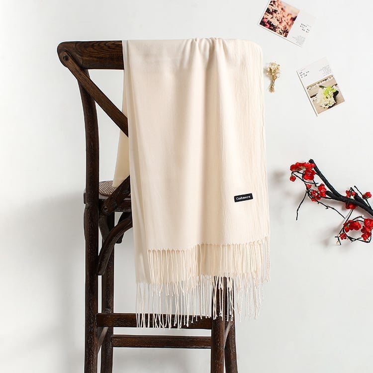 khăn quàng choàng cổ len Cashmere giữ ấm màu trắng be sữa trơn cao cấp đẹp sang trọng - Image 2
