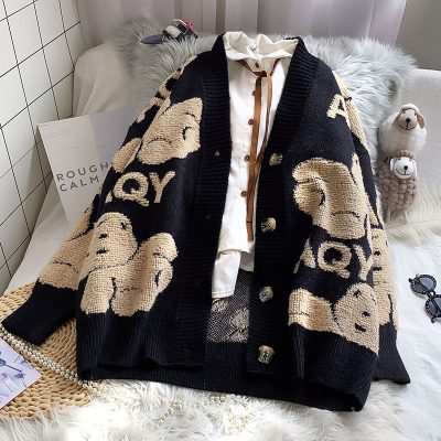 Áo Cardigan Len Nữ Dệt Kim Hình Cừu Trắng Màu Đen
