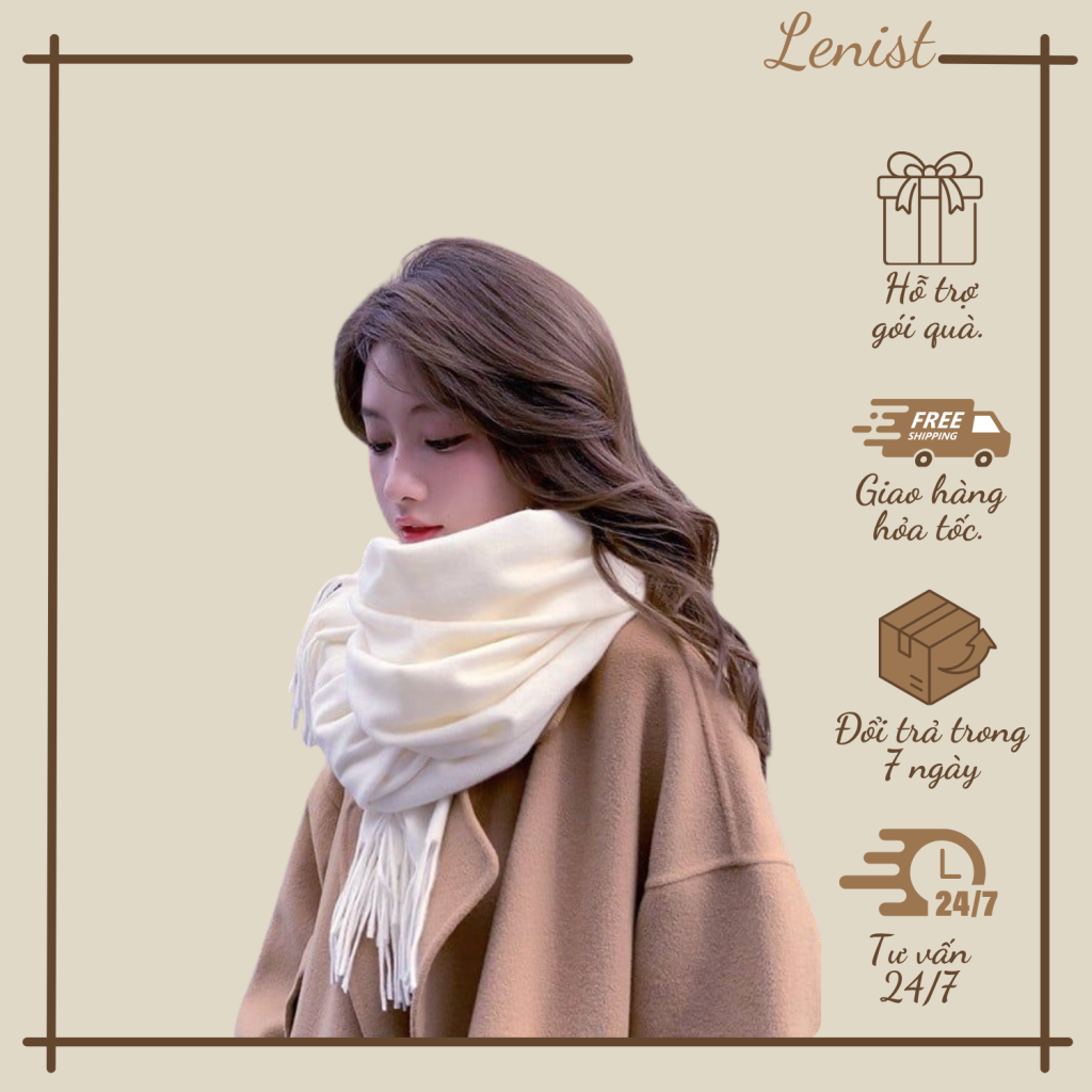 khăn quàng choàng cổ len Cashmere giữ ấm màu trắng be sữa trơn cao cấp đẹp sang trọng