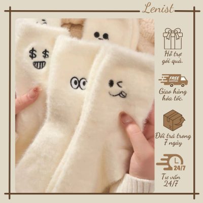 Tất vớ cổ cao lông thỏ thêu hình dễ thương ngộ nghĩnh, tất trắng xinh xắn ấm áp thu đông