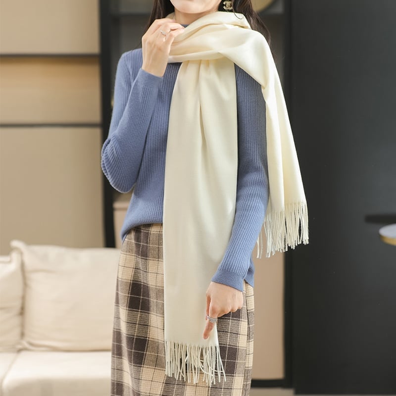khăn quàng choàng cổ len Cashmere giữ ấm màu trắng be sữa trơn cao cấp đẹp sang trọng - Image 4