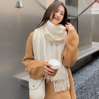 khăn quàng choàng cổ len Cashmere giữ ấm màu trắng be sữa trơn cao cấp đẹp sang trọng