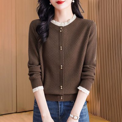 Áo len dệt kim hai mảnh viền ren thời trang cao cấp mùa xuân dành cho nữ