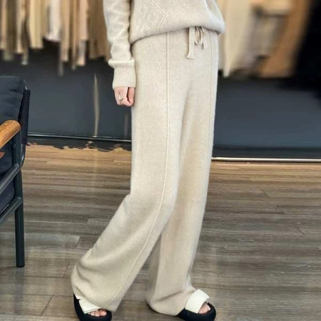 Quần Len cashmere Ống Rộng Lưng Cao Thời Trang Mùa Thu Cho Nữ